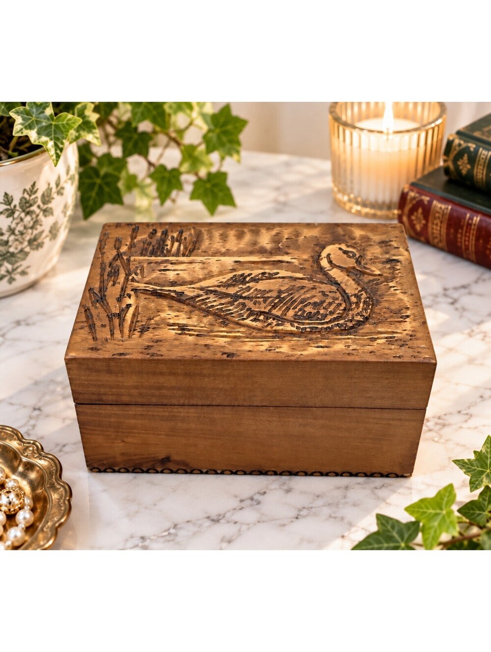 Vintage 1970s Carved Wood Duck Cigar Box Trinket Keepsake Jewelry Box